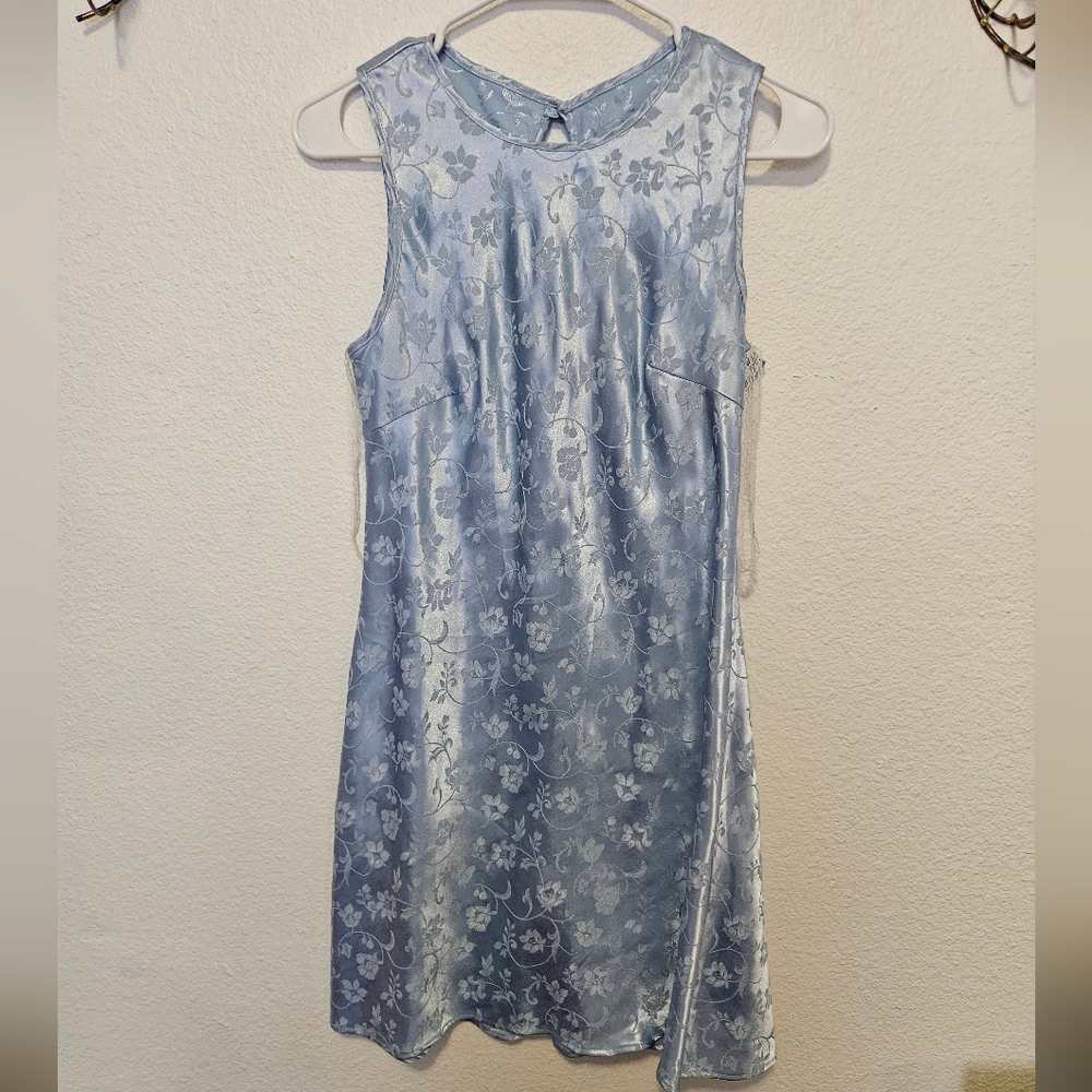 Vintage 90s Steppin Out Floral Jacquard Dress Ice Blue Mini Y2K Coquette 11/12